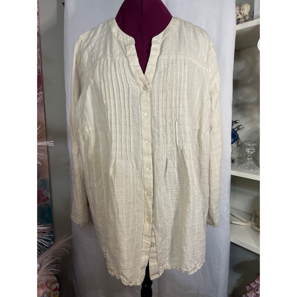 Kim Rogers Button Front Blouse Women 2X Beige Good Linen Blend Pintuck Scallop
